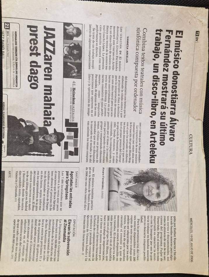 Recorte de prensa: disco-libro en Arteleku, El Diario Vasco, 19 de julio de 2006